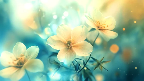 Delicate Blooms Dancing in Golden Turquoise Light.