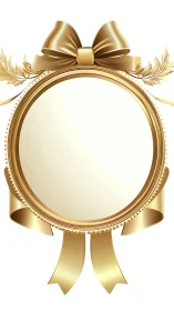Gold circular frame with bow, laurel leaves and ribbons.