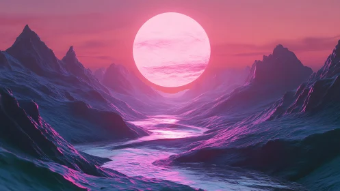 Neon tides pour toward a colossal candy-colored moonrise