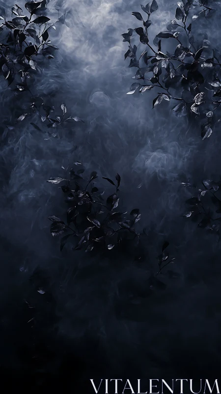 Midnight leaves drifting through soft silver mist.