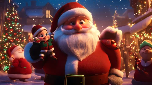 Santa holds delighted elf in glowing snowy Christmas street