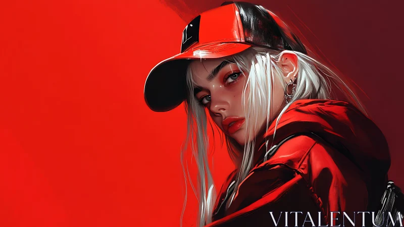 Scarlet street muse in a blazing cap and hooded armor.