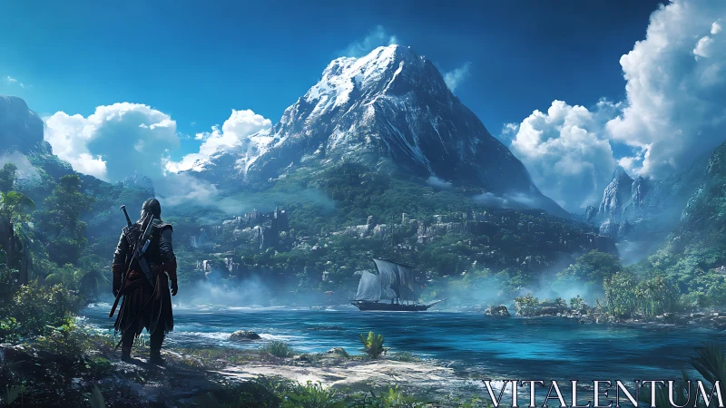 Digital painting of cloaked wanderer before coastal peak vista.