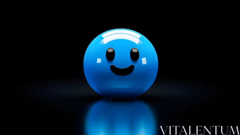 Glossy blue smiley face emoji on black background, 3D digital art.