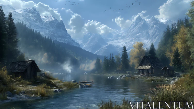 High-altitude alpine lake with rustic cabins under snow peaks