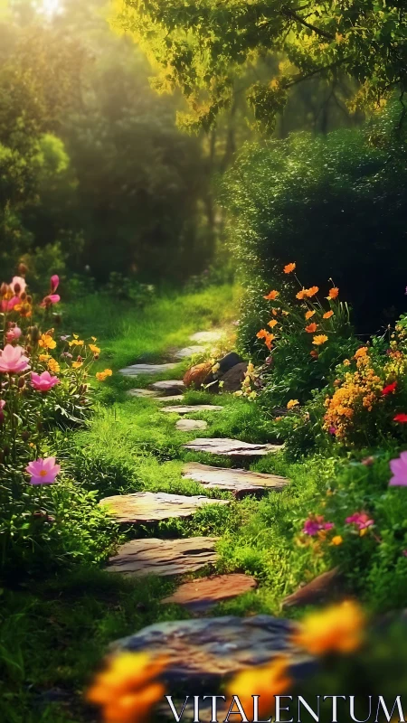 Stone garden path through dense flowers and foliage.