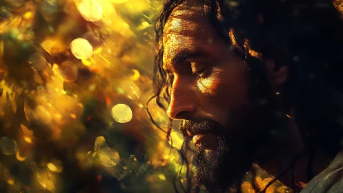 Contemplative bearded man bathed in warm golden sunlight