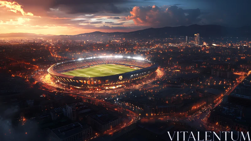 Floodlit football stadium crowns glowing sunset cityscape.
