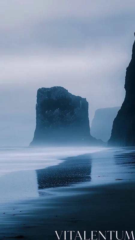 Coastal rock formations in mist and tide.