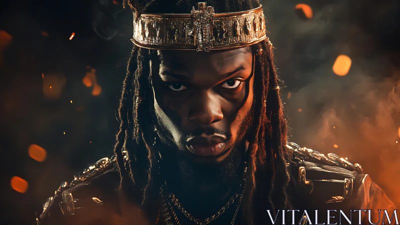 Regal warrior stares through embers in dramatic firelit portrait.