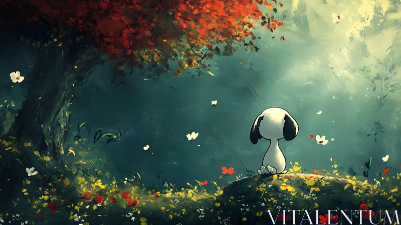 Small white dog gazes at dreamy forest clearing in awe.