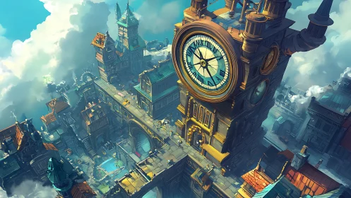 Elevated steampunk clocktower dominates dense aerial cityscape