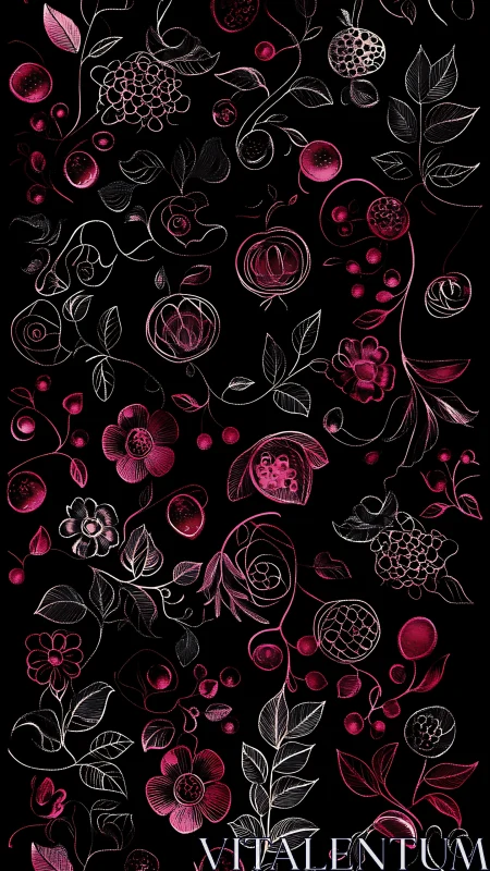 Botanical Garden of Pink: Flowers and Fruits on Midnight Canvas.