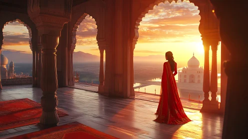 Woman in red sari overlooking domed palace at sunset.
