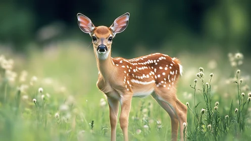 Bright-eyed fawn pauses in a wildflower hush of green.