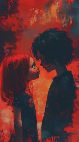 Dark fairytale children in crimson painterly embrace.