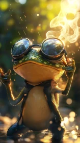 Photoreal 3D frog character with goggles in cinematic backlight.