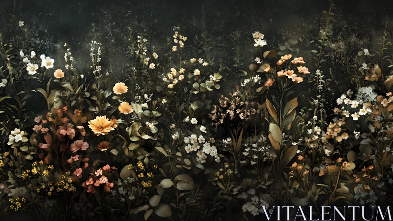 Midnight wildflower garden glowing with quiet golden light.