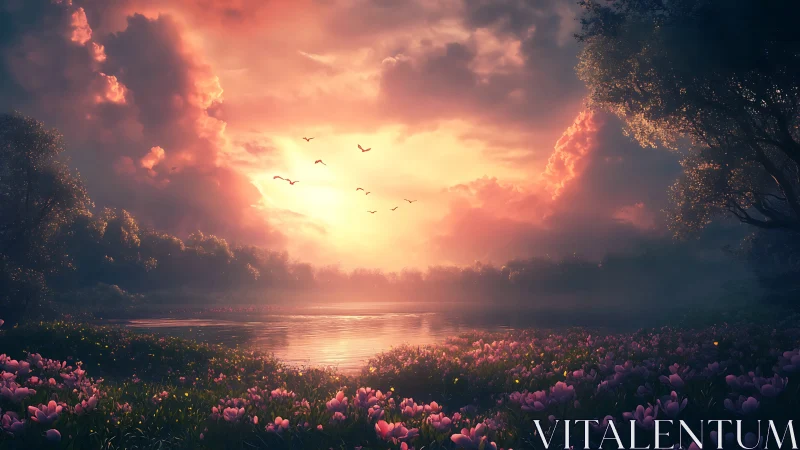 Luminous sunset over serene lake and blooming meadowscape.