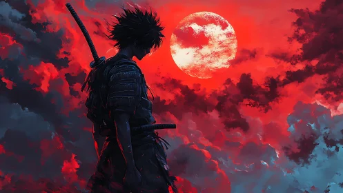 Silhouetted samurai stands beneath oversized crimson lunar eclipse