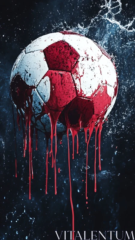 Blood-red paint dripping over soccer ball in dark splash field.