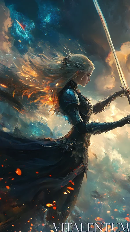 Radiant warrior raises her blazing sword against swirling skies