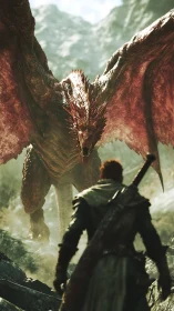 Human figure confronting large winged dragon in rocky pass.
