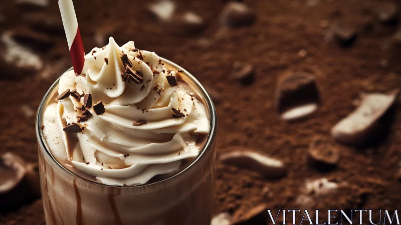 Chocolate milkshake with whipped cream and straw closeup.