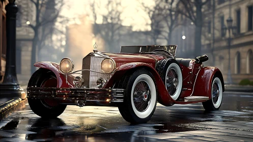 Vintage red roadster gleams on wet cobblestone street at dawn.