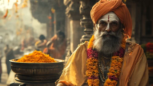 Side-lit ascetic priest with marigold garlands in shallow depth-of-field street scene