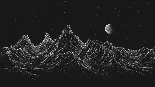 Moonlit mountain range etched against a star-filled sky.