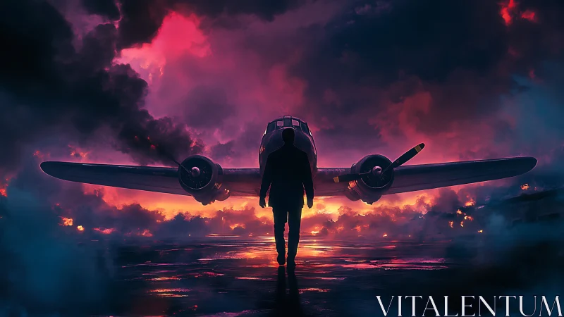 Solitary pilot walks toward vintage plane under burning sky