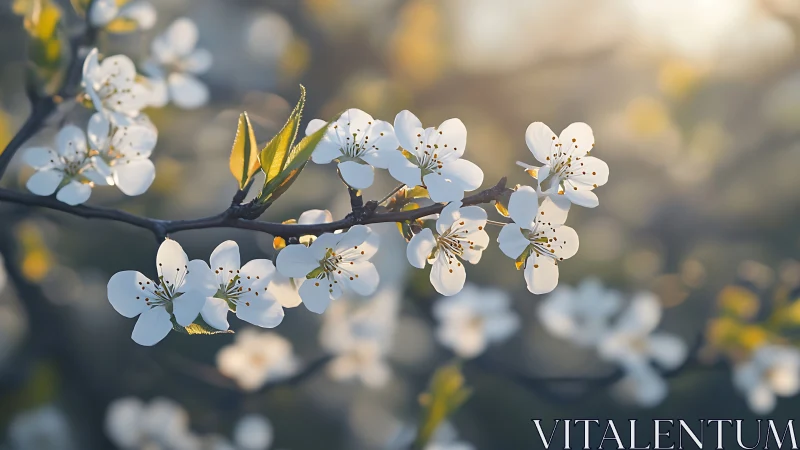 Spring Blossom Branch: Delicate White Flowers in Golden Hour Light.