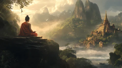Monk in sunrise meditation above misty temple valley
