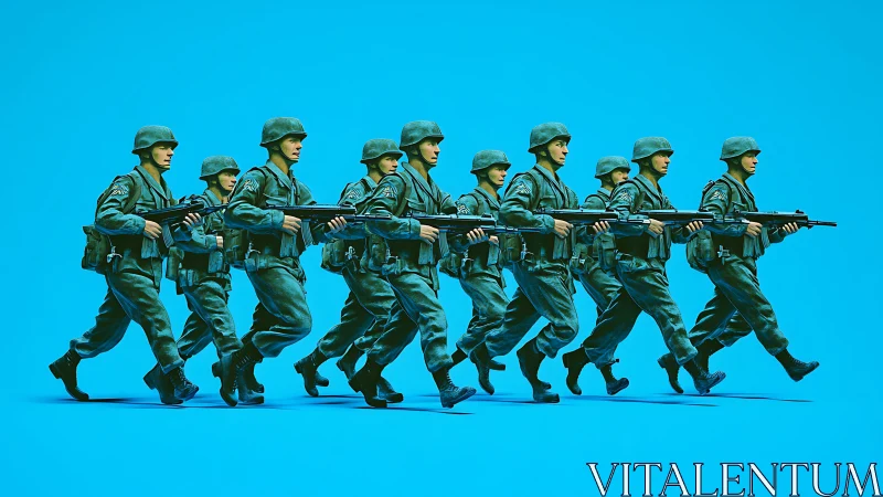 Marching toy soldiers crossing a bright blue daydream.