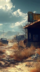 Desert highway ruin beneath bright drifting clouds at dusk.