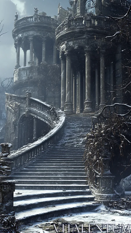 Snow covered grand staircase ascends to decayed palace