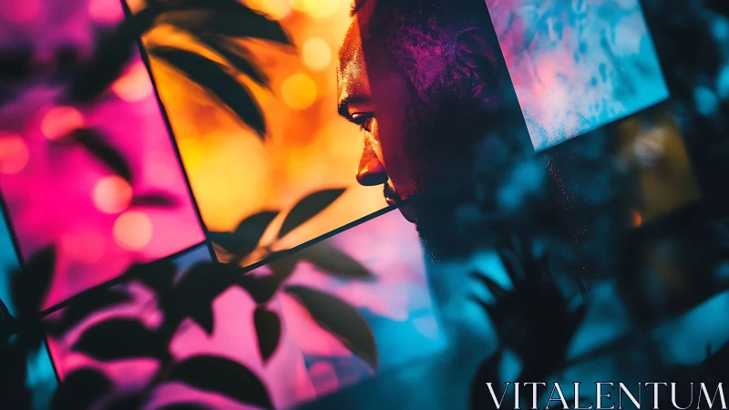 Neon portrait fragments reflect vivid dual-color mood