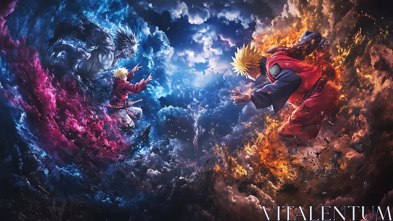 Storm-lit clash of fiery warriors in a swirling skyscape.