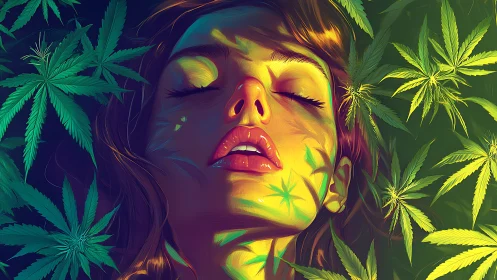 Female face amid cannabis leaves in stylized lighting.