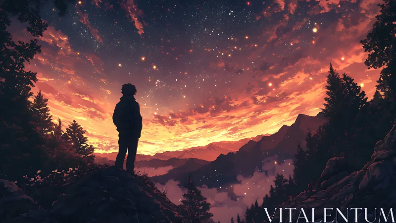 Lone hiker silhouetted beneath blazing starlit sunset sky.