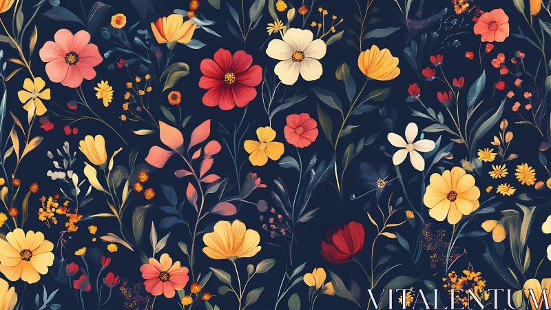 Botanical illustration against navy ground with radiant blooms.