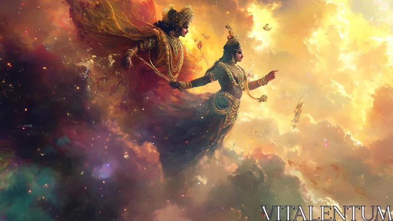 Celestial lovers drifting through a storm of golden light.