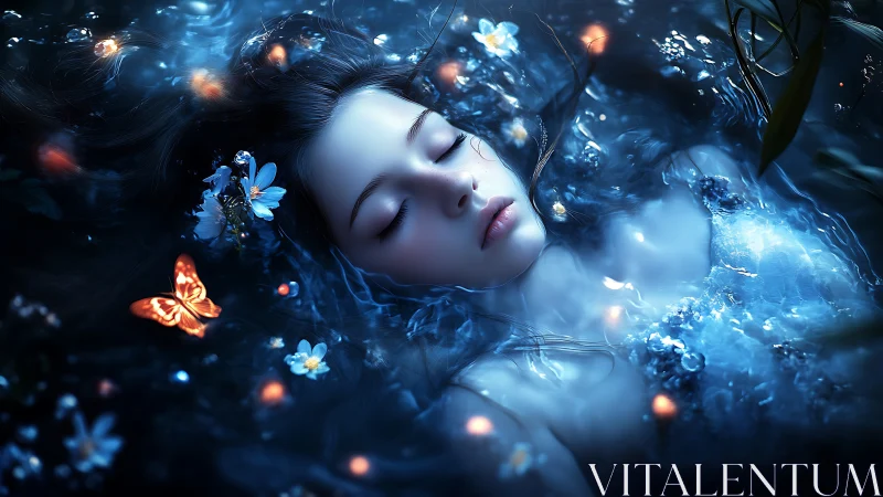 Woman submerged in blue water with glowing flora and fauna.