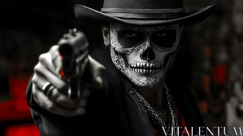 High-contrast skull-painted gunman in shallow-depth cinematic portrait