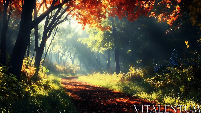 Sunlit Forest Avenue With Autumn Canopy and Golden Path.