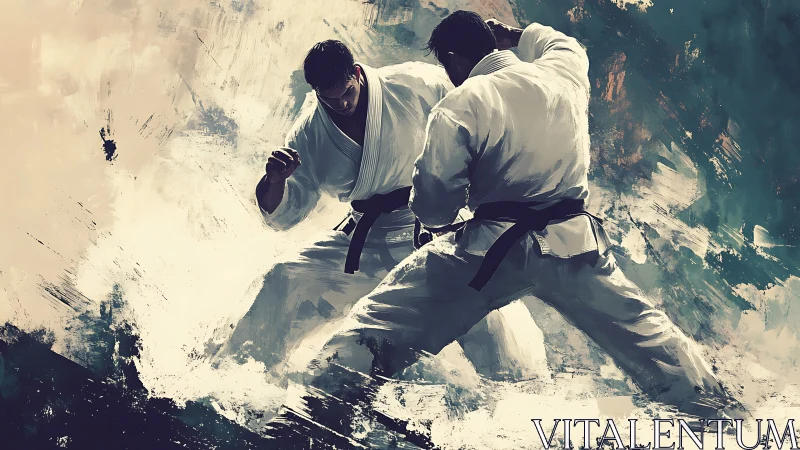 Martial artists in white gis engaging in sparring exchange.