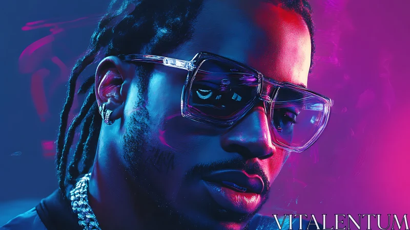 Cool neon-lit portrait of a stylish man in reflective shades.