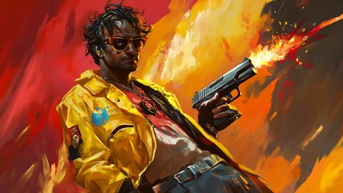 Neon soaked gunman strides through blazing abstract firestorm