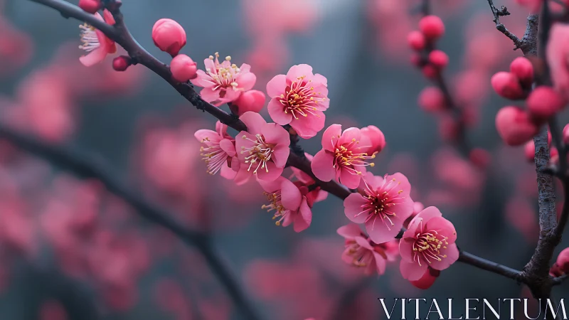 Pink flowering branch with buds in soft focus depth field